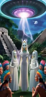 Mystical aliens in an ancient civilization with UFO above.