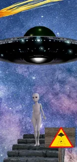 An alien stands under a UFO in a starry sky with a shooting star and cosmic background.