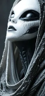 Mystical alien figure in a hooded cloak.