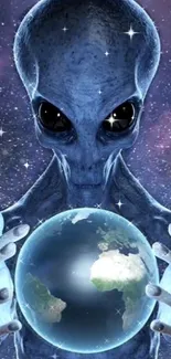 Alien holding a planet surrounded by stars in blue galaxy background.