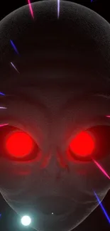 Alien face with glowing red eyes on a dark background.