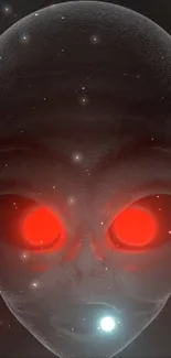 Alien head with glowing red eyes in a cosmic background.