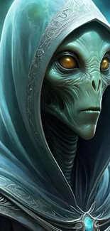 Mystical alien with a hooded cloak, teal hues glow.