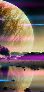 Alien landscape with planet, surreal reflections, and cosmic night sky.