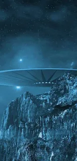 Alien landscape with UFO above mountains at night.