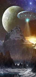 A UFO hovering over a mystical alien landscape with icy mountains.