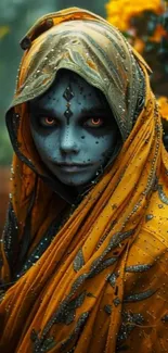 Mystical alien portrait with vibrant, colorful fabric.