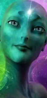 Mystical alien portrait with vibrant galaxy background.