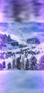 Mystical snowy mountains with purple cosmic aura in an alpine landscape.