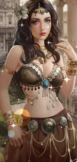 Mystical woman in ancient ruins with ornate jewelry, rich in warm tones.