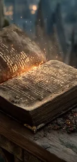 Open glowing ancient book on table with mystical aura.