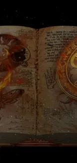 Open mystical book with arcane symbols and illustrations.