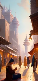 Mystical ancient city street at dusk with warm golden light.