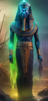 Mystical blue pharaoh with vibrant backdrop.