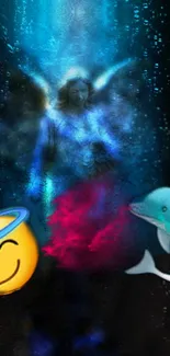 Mystical wallpaper with angel, dolphin, and emoji.