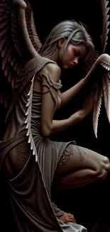 Graceful angelic figure with detailed wings in dark tones.