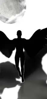 Silhouette of a winged figure against a moonlit background, in black and white.