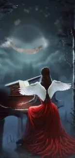 Angel with wings at piano under night sky.