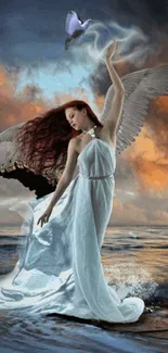 Ethereal angel by the sea under mystical skies.