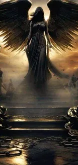 Dark angel with wings in fantasy setting.