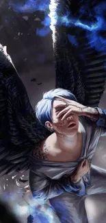 Mystical angel with black wings and blue highlights in a fantasy art style.