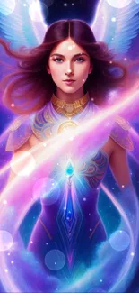 Mystical angel fantasy artwork with vibrant purple colors and celestial design.