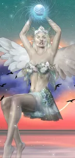 Mystical angel with celestial blue orb and wings in fantasy artwork.