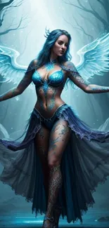 Mystical angel with glowing wings in a fantasy forest setting.