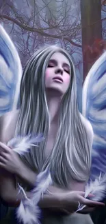 Serene angel with wings in a mystical forest setting, exuding ethereal beauty.