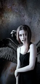 Dark angel with wings in a galaxy scene.