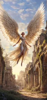 Majestic angel with wings in ancient ruins.