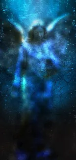 Ethereal angel in celestial blue mist with a serene vibe.