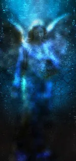 Mystical angel in blue aura with ethereal ambiance on mobile wallpaper.