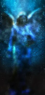 Ethereal angel in blue light and celestial backdrop mobile wallpaper.