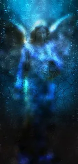 Mystical angel with a blue aura and celestial backdrop.