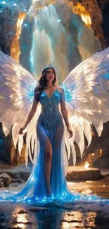 An angel with radiant wings in a mystical blue cave setting.