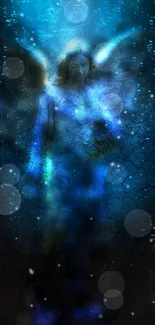 Mystical angel figure with blue ethereal glow and dark cyan background.