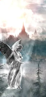 Mystical angel with wings in fantasy landscape with mist.