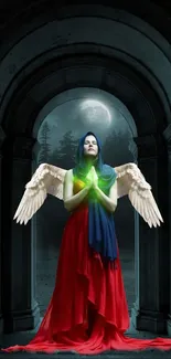 Angel standing in moonlit archway with vibrant cloak and serene wings.