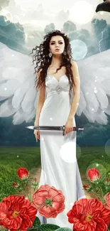 An angel with wings stands in a green field under a stormy sky.