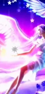 Mystical angel with glowing pink wings in a vibrant fantasy scene.