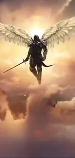 Angel with sword amidst glowing clouds, creating a mystical aura.