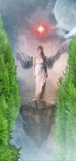 Serene angel standing on a rocky peak surrounded by lush green trees.