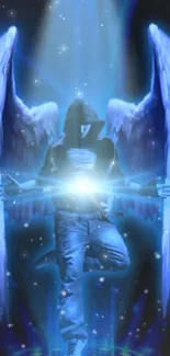 Mystical hooded angel with glowing blue wings on a celestial background.