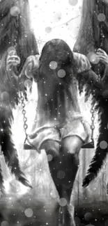 Mystical angel with black wings on a swing in grayscale design.