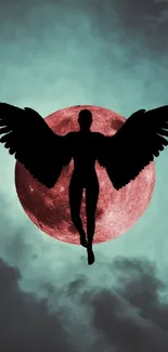 Dark angel silhouette with red moon in cloudy night sky.