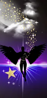 Mystical angel with wings beneath a starry moonlit sky, vibrant purple glow.