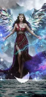 Mystical angel with vibrant wings over water in fantasy artwork.