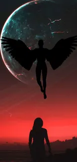 Silhouette of winged figure above red sky with celestial backdrop.