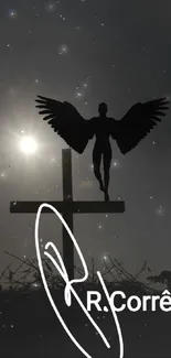 Silhouette of angel on cross with sun in background.